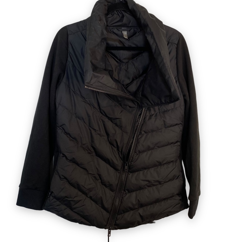 HYBA - Black Asymmetrical zipperFunnel Neck puffer jacket Mixed Media - Picture 6 of 13